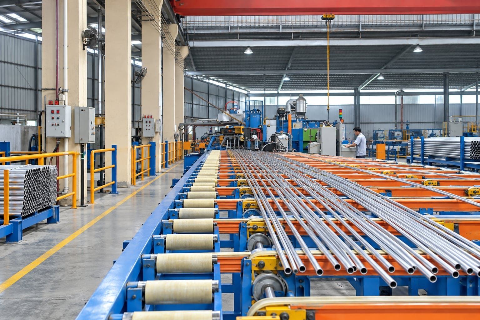 Aluminum tubes and rods cooling on a long extrusion cooling table