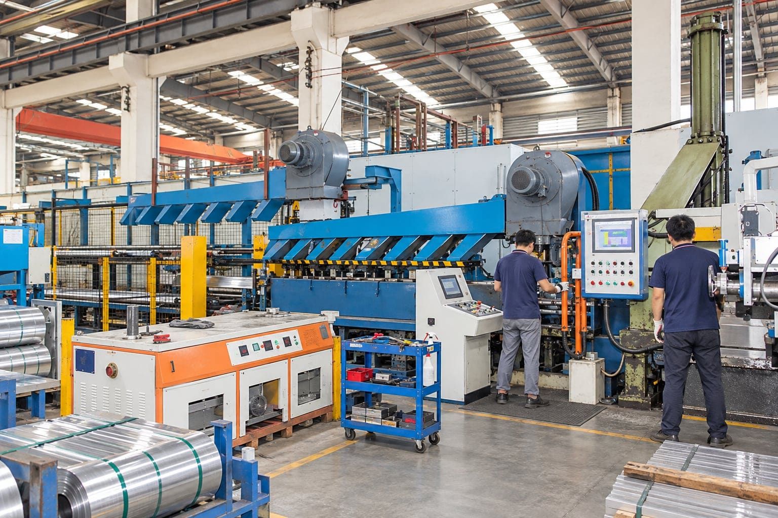 Operators at the control station of a horizontal aluminum extrusion press