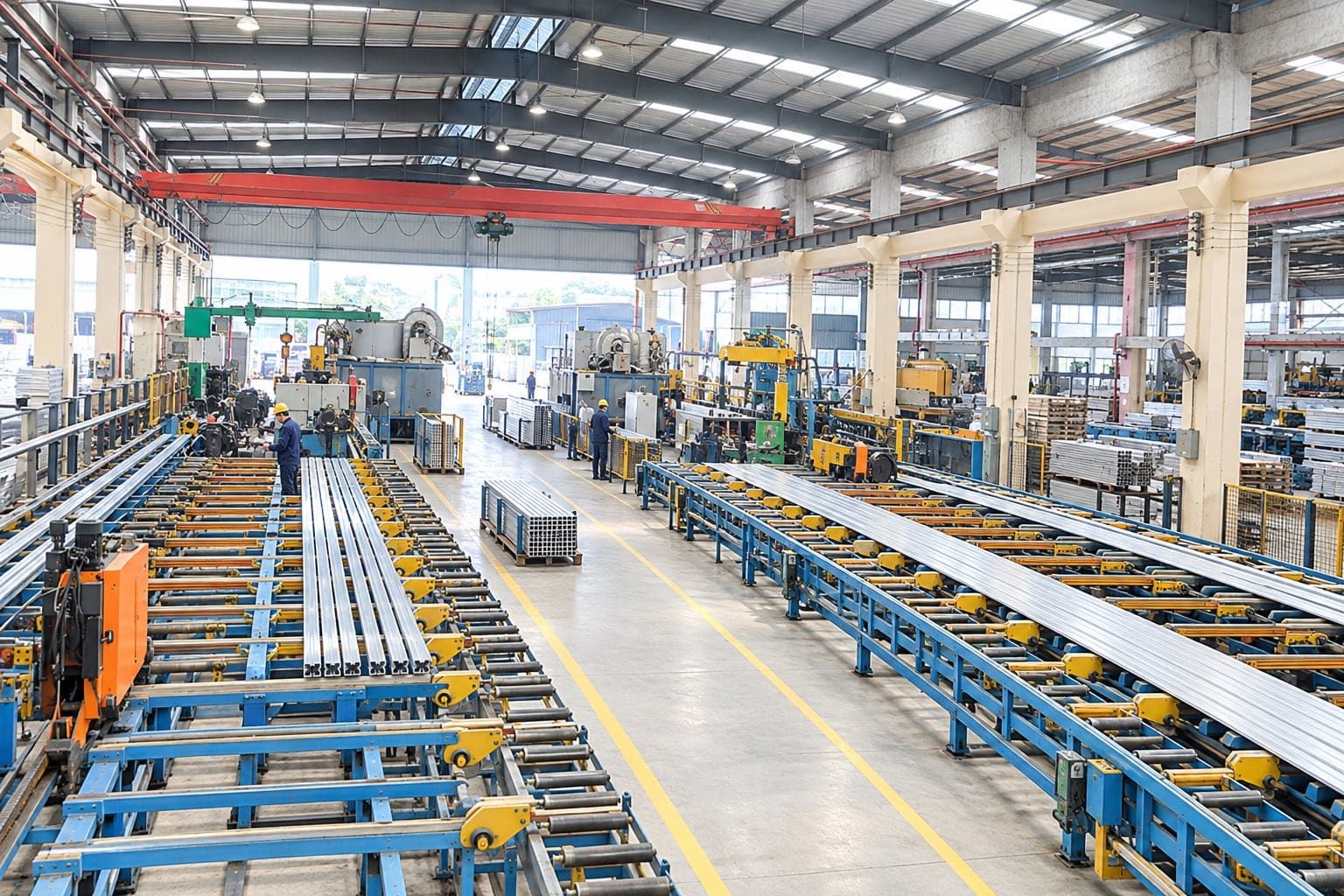 Aluminum extrusion press hall with runout conveyors, cooling tables and profile handling lines