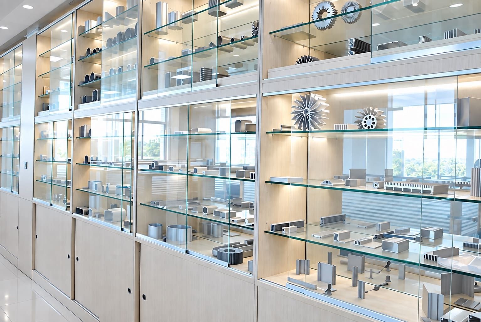 Glass showroom cabinets displaying CharMax aluminum extrusion samples: heat sinks, tubes, T-slot and custom profiles