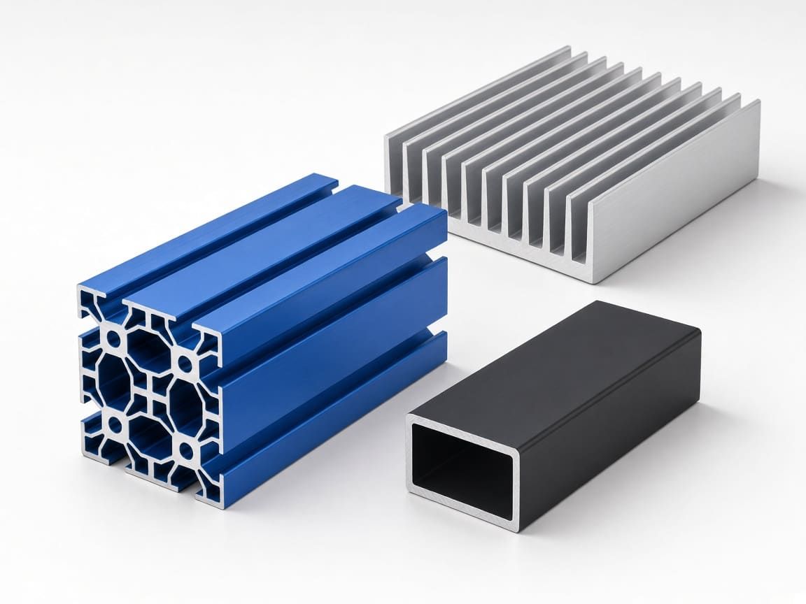 CharMax aluminum extrusions: 80 × 80 T-slot profile anodized blue, extruded heat sink and black anodized rectangular tube