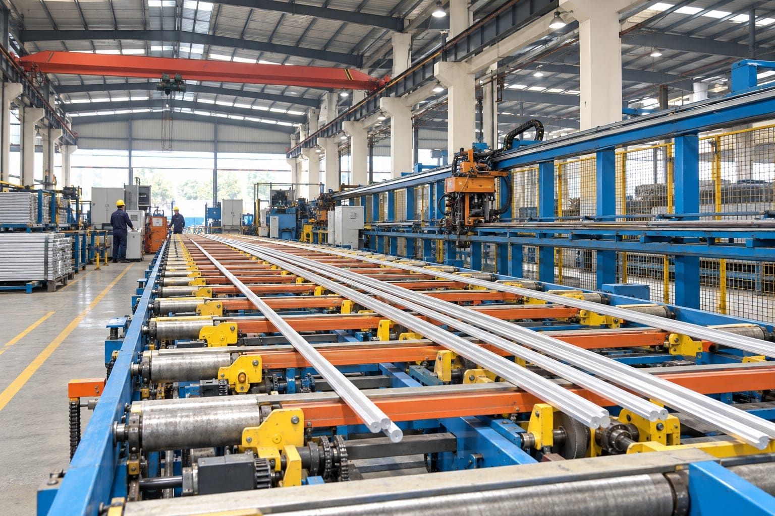 Extruded aluminum profiles travelling along the extrusion runout table