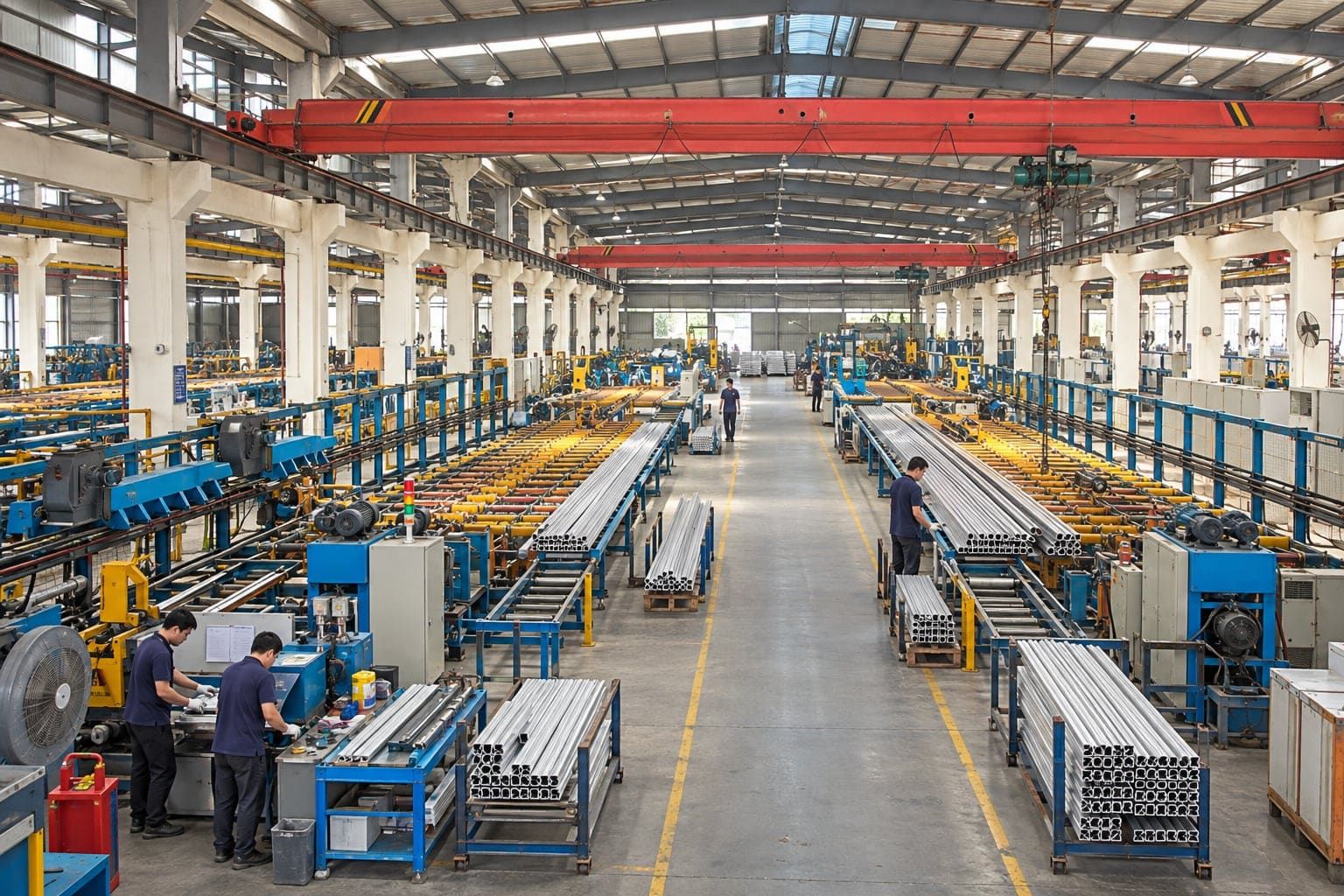 Cutting and fabrication area with saws, operators and finished aluminum profiles