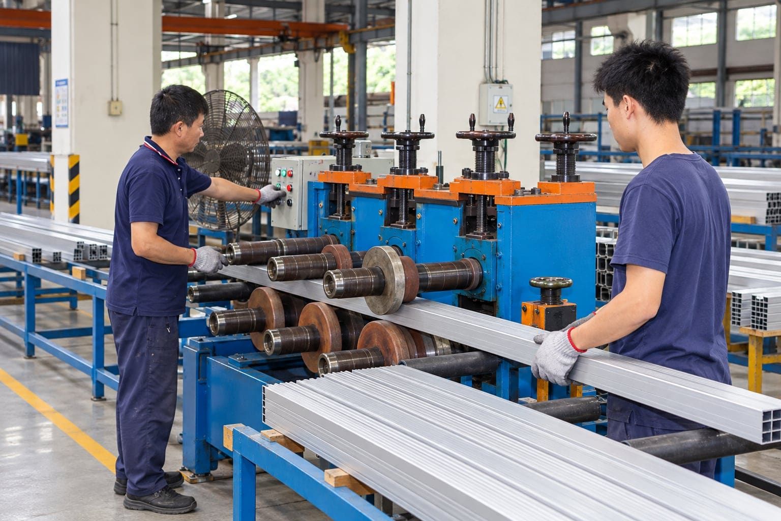 Operators feeding rectangular aluminum tubes through a roller straightening machine
