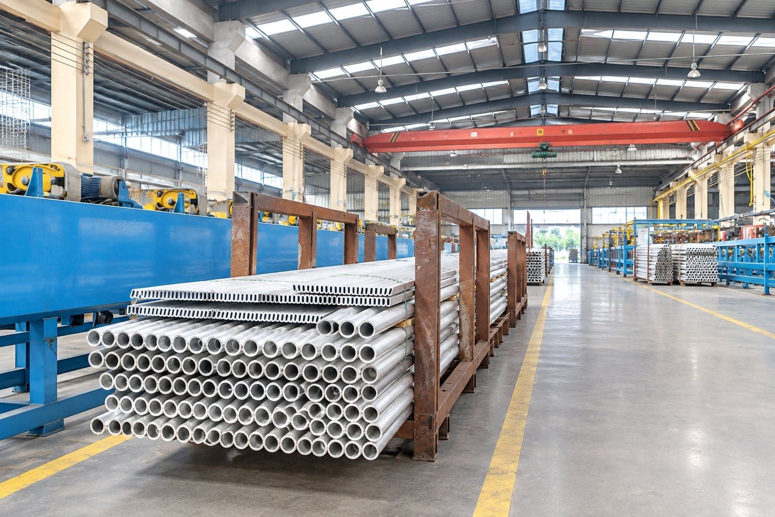Aluminum tubes and profiles loaded on a rack ready for artificial aging