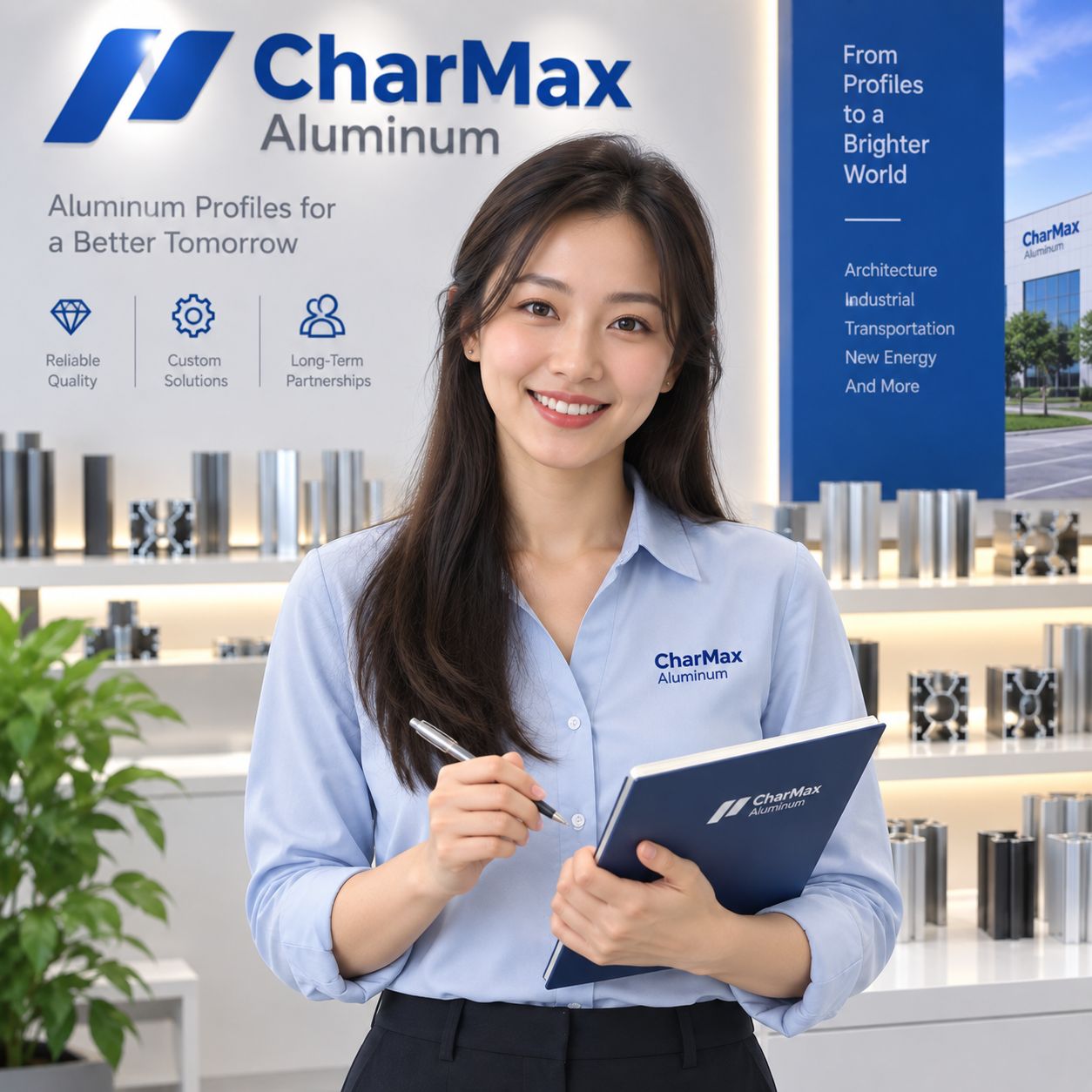 Smiling CharMax Aluminum sales representative at her desk in the CharMax showroom, ready to help with aluminum profile enquiries