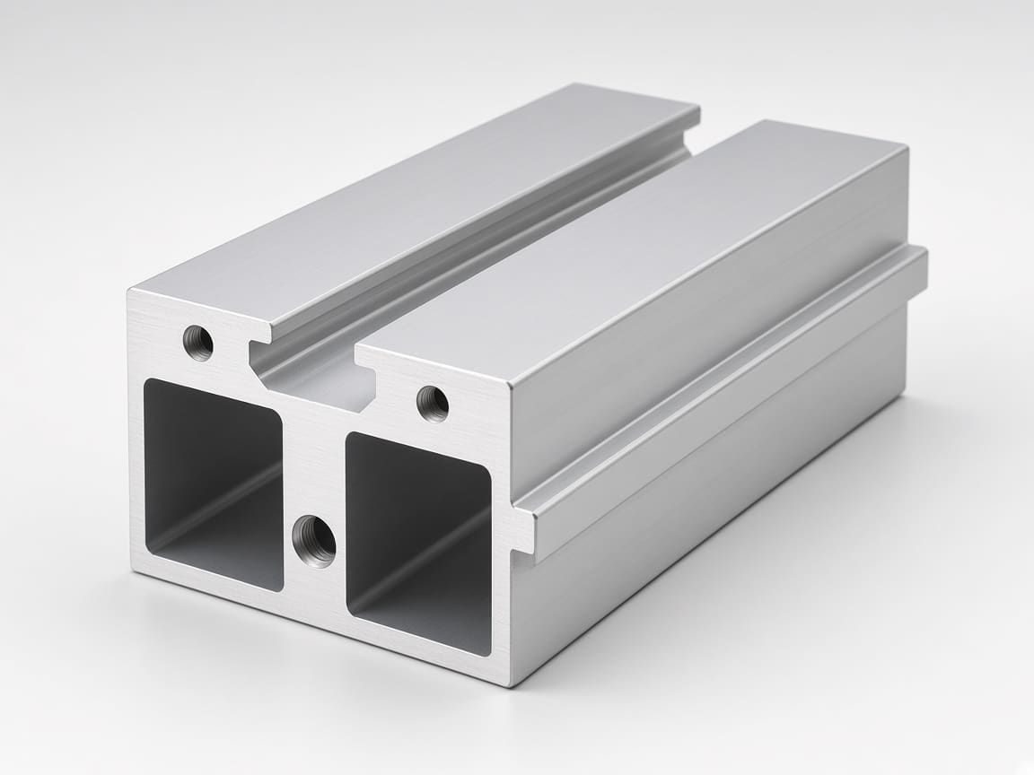 Custom multi-hollow aluminum extrusion with screw ports and a T-slot, clear anodized