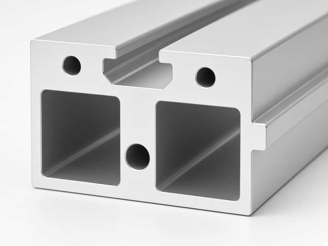 End view of a custom aluminum extrusion showing hollow chambers and screw ports