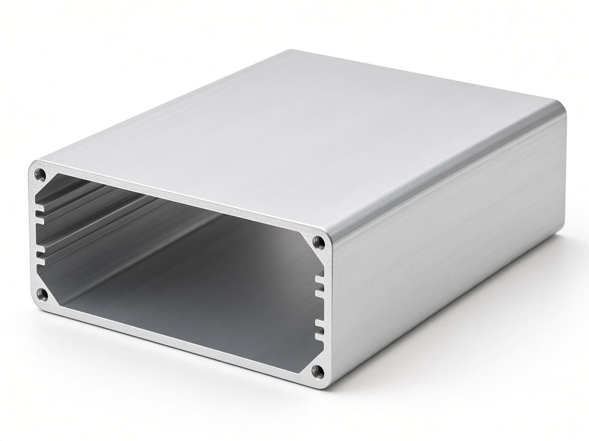 Extruded aluminum electronics enclosure body with PCB guide slots, clear anodized