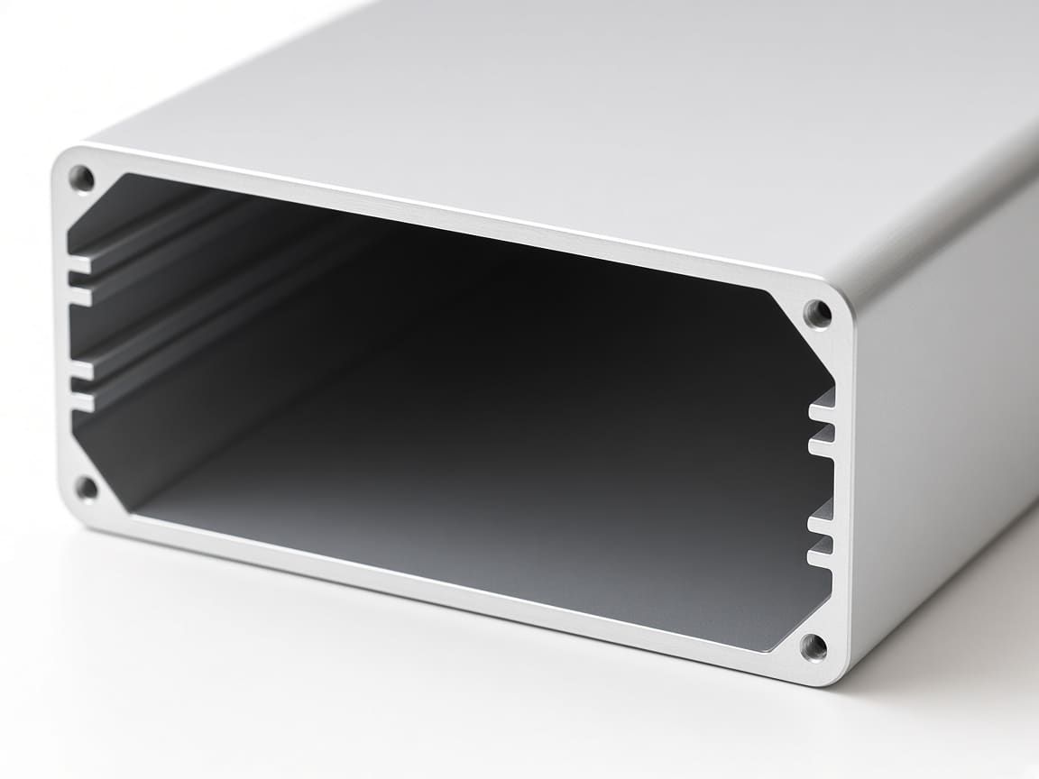 End view of an extruded aluminum enclosure showing PCB slots and corner screw ports