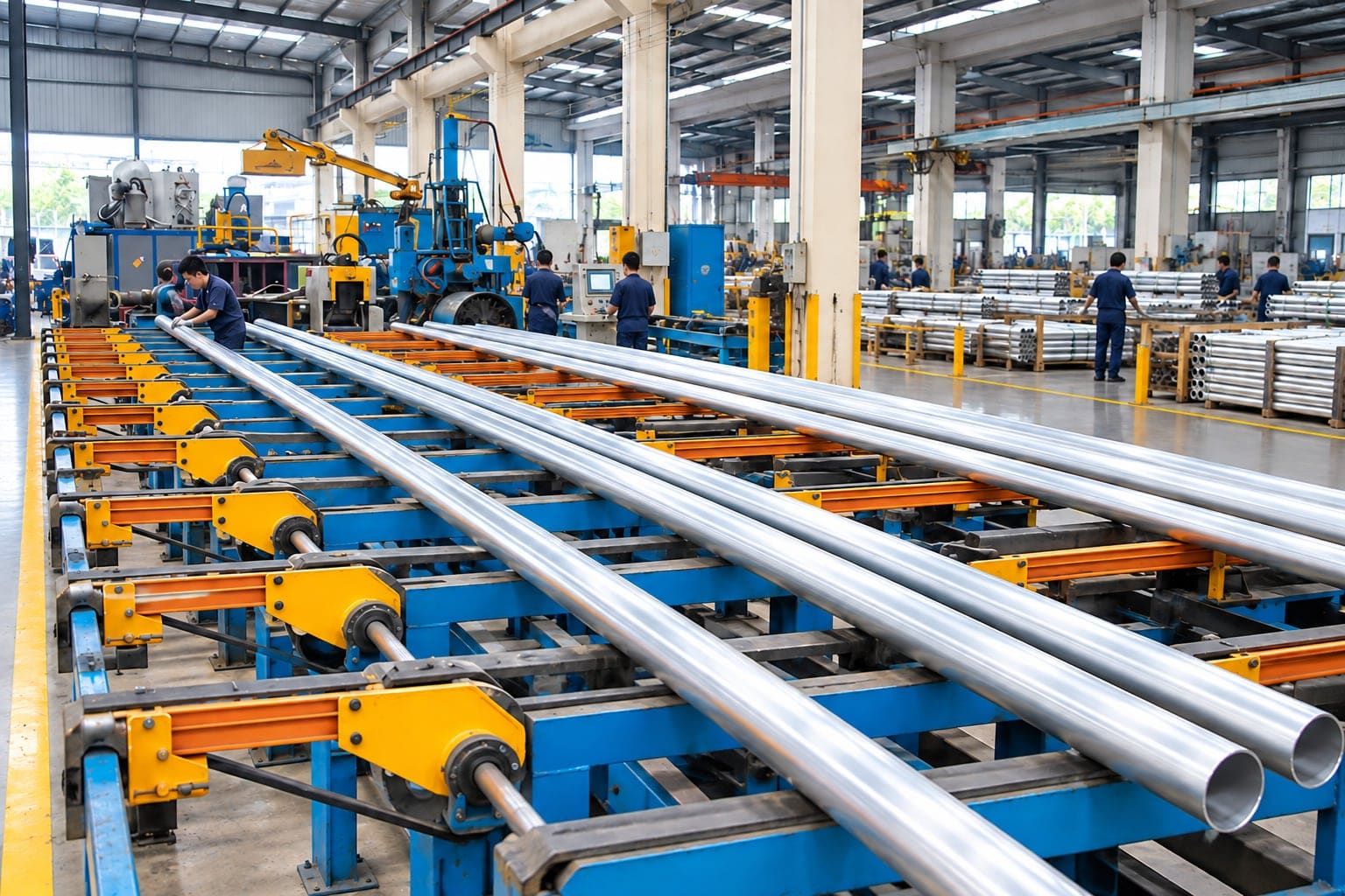 Freshly extruded aluminum tubes being handled on the cooling table