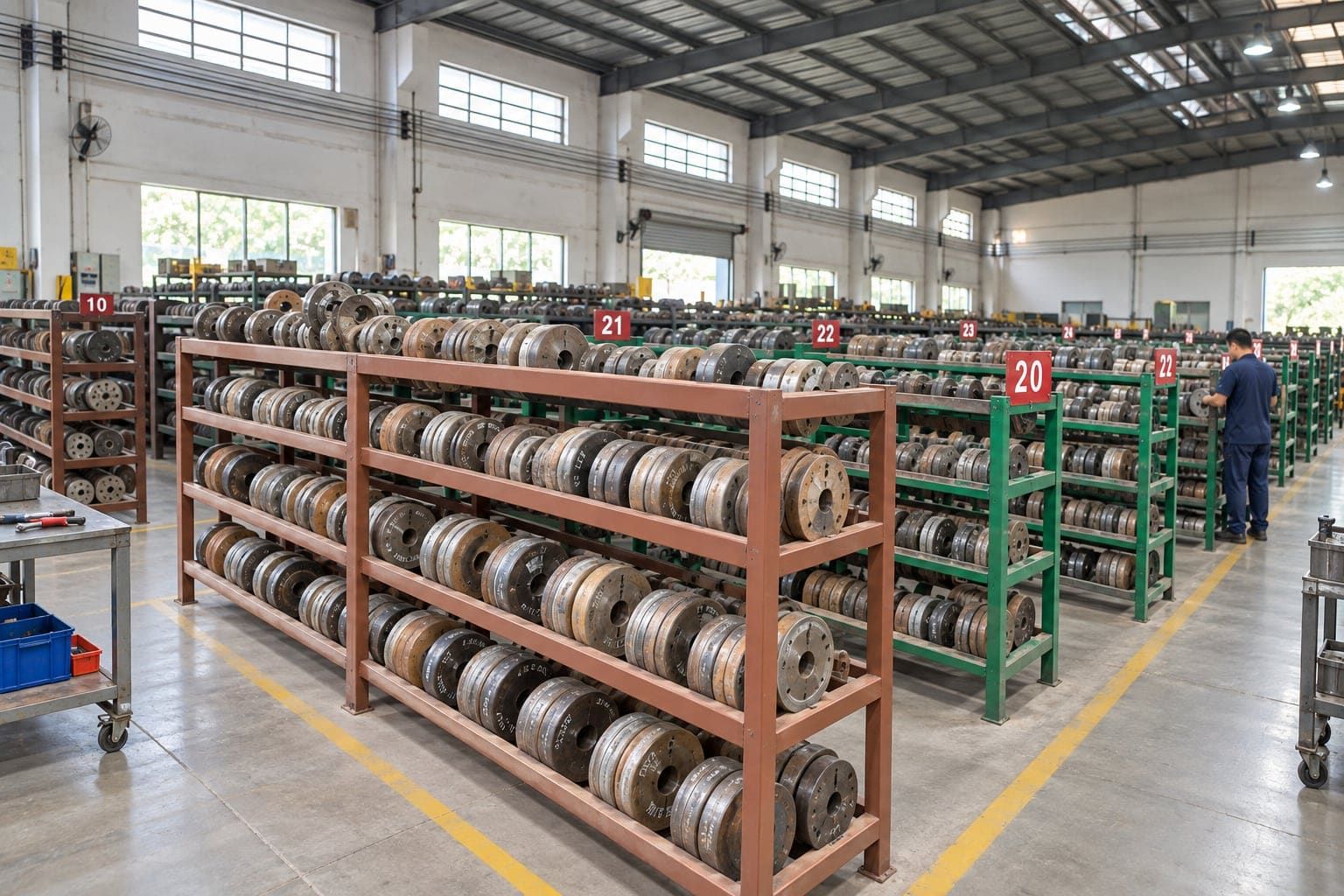Rows of extrusion die storage racks with a technician checking dies