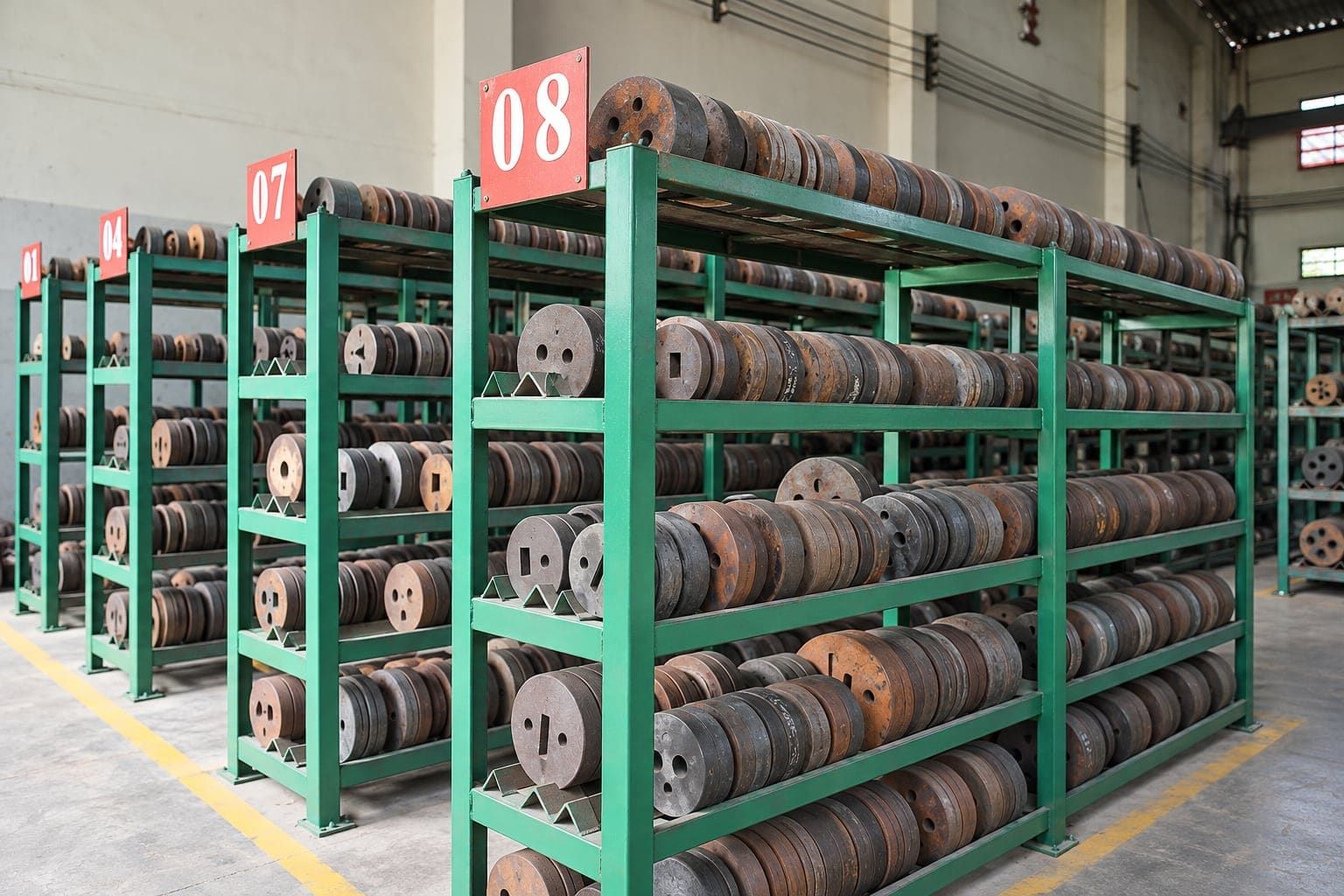 Extrusion dies stored on numbered racks for fast retrieval
