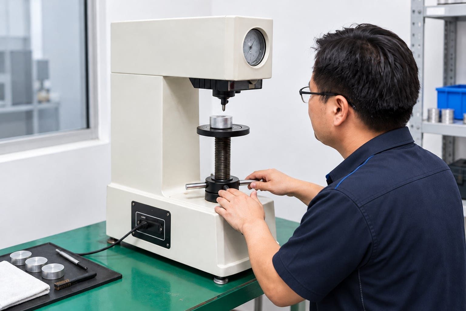 Technician testing aluminum sample hardness on a hardness tester