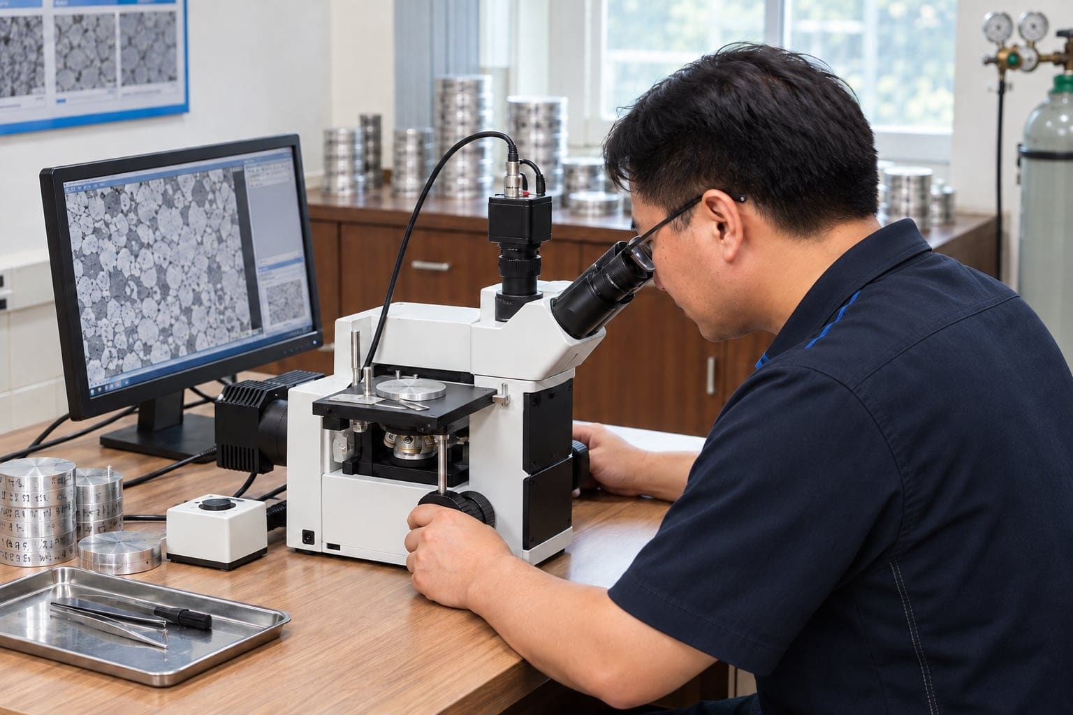 Technician examining aluminum microstructure with a metallographic microscope