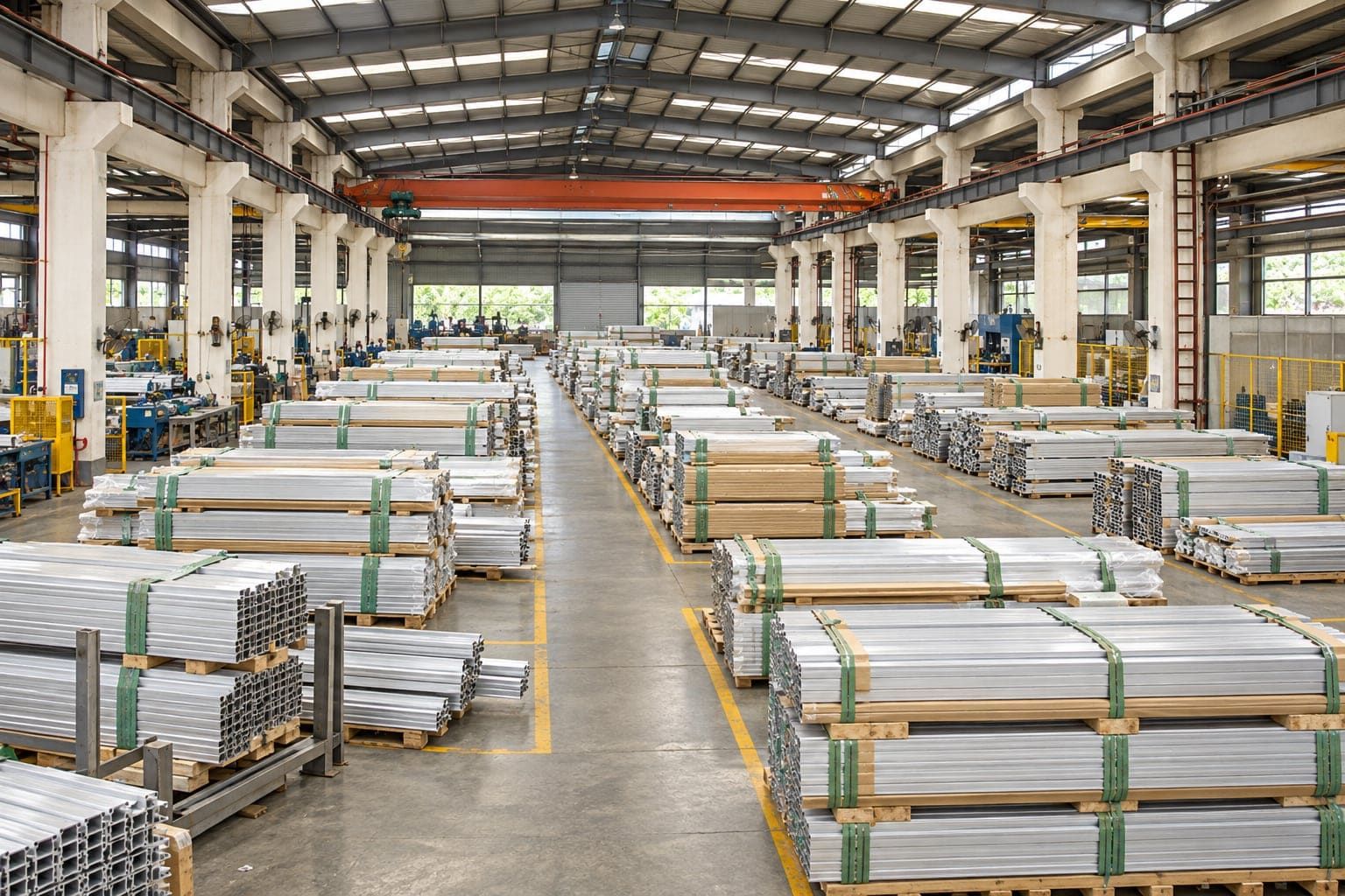 Finished goods warehouse with packed aluminum profile bundles ready for export