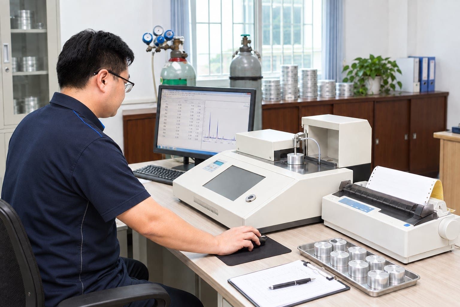 Technician analysing aluminum samples on a benchtop direct-reading spectrometer