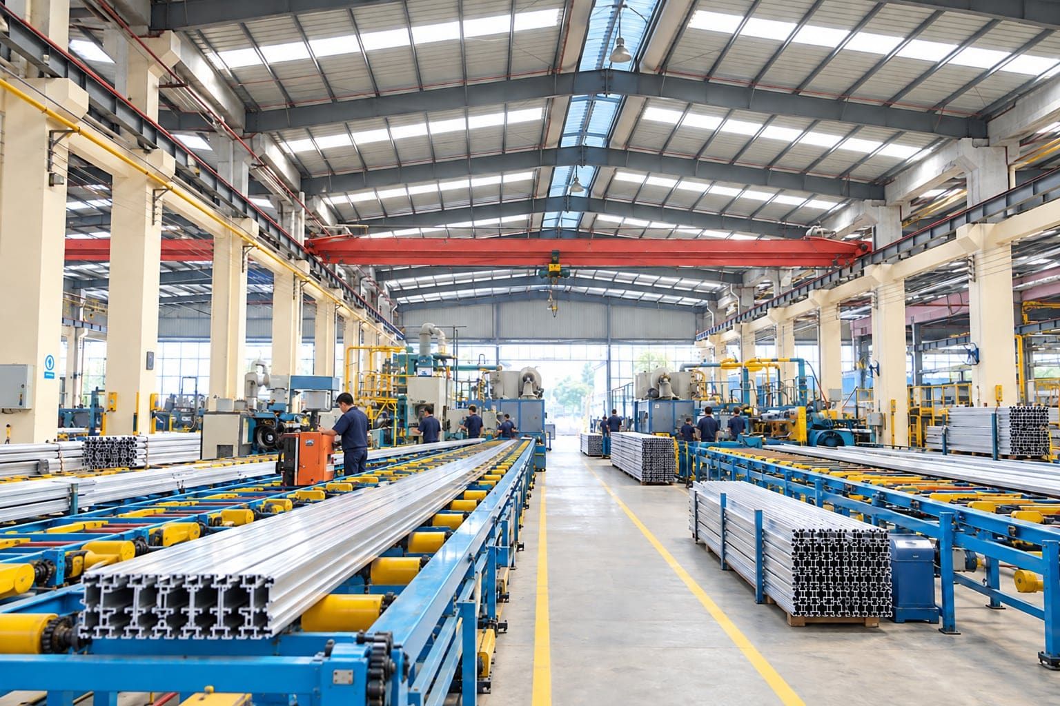 T-slot aluminum framing profiles on the extrusion runout conveyor