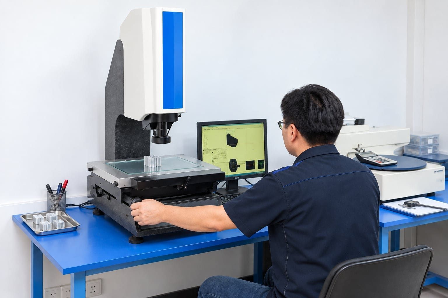 Technician measuring an aluminum profile cross-section on a video measuring instrument